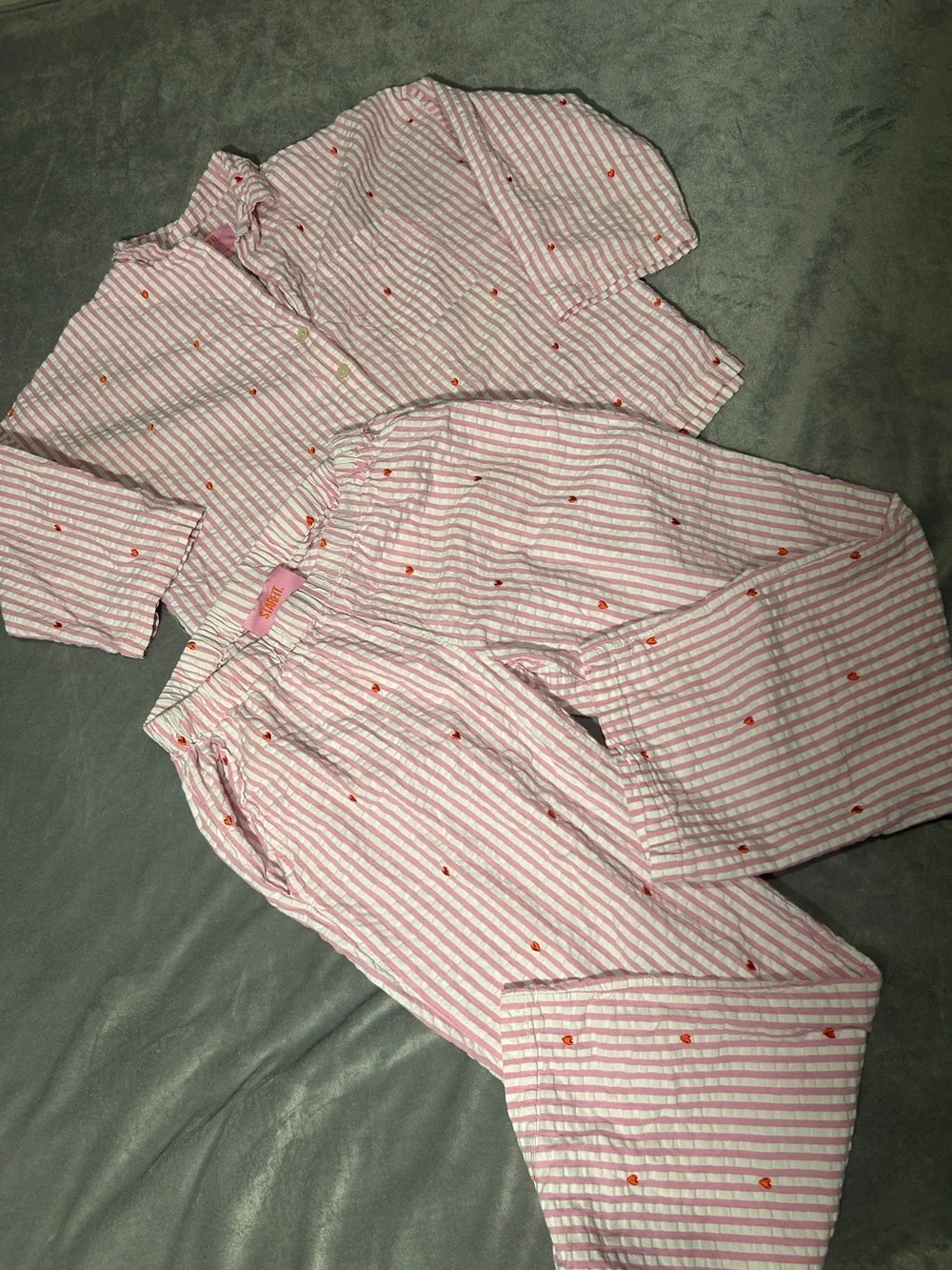 Pink Striped Kids Pajama Set with Tiny Red Hearts pink white